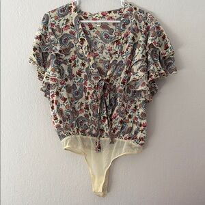 Free People Multicolored Flutter Sleeve Bodysuit with Ruffled Tie Front